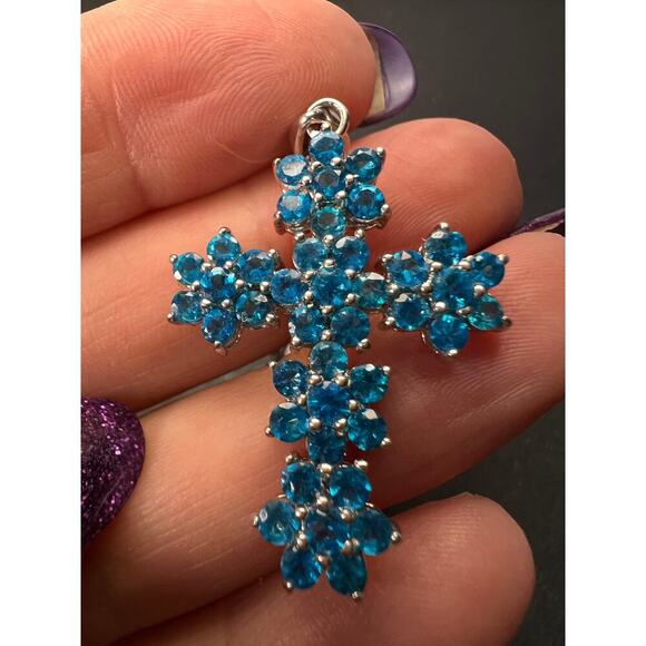 Neon Apatite Rhodium Over 925 Cross Pendant With Chain - Picture 10 of 11
